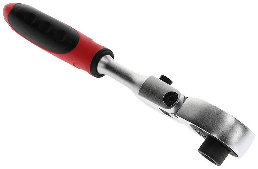 Srebrny klucz nastawny z czerwono-czarnym uchwytem, pod kątem, na białym tle.