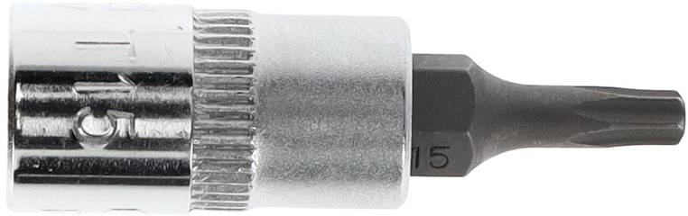 Sześciokątny adapter bitów z łbem Torx, rozmiar T15, zamontowany na tulei stalowej.