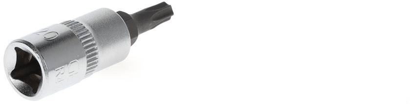 Srebrny adapter śrubowy z czarną główką Torx na białym tle.