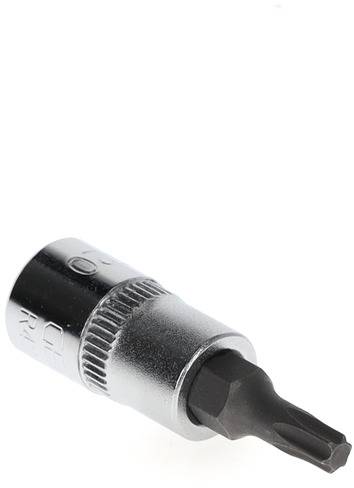 Pojedynczy bit wkrętaka Torx o srebrnym trzpieniu z czarną końcówką, umieszczony na białym tle.