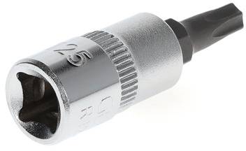 Bit Torx z główką T25 i rowkowaniem, odpowiedni do mocowania lub odkręcania śrub. Srebrne, metalowe narzędzie.