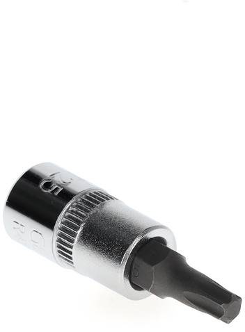 Końcówka wkrętaka do bitów w srebrnej oprawie metalowej, przedstawiająca czarną główkę krzyżową.