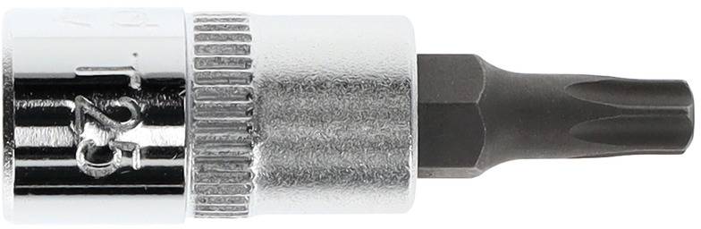 Końcówka Torx z trzonkiem w kolorze srebrnym i czubkiem w kolorze czarnym, odpowiednia do wkrętaków.