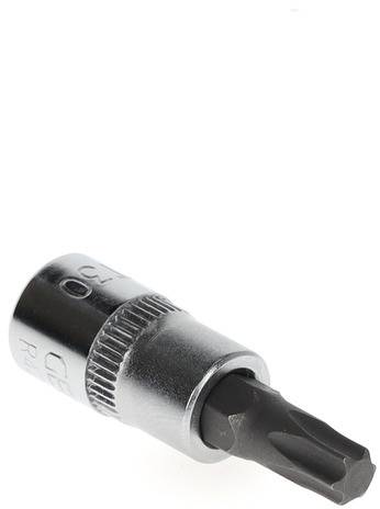 'Nasadka śrubowa, metalowa, o kształcie torx, srebrna z ciemnym czubkiem, odpowiednia do użytku narzędziowego.'