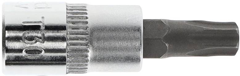 Srebrny sześciokątny bit, ułożony poziomo, z rowkowaną powierzchnią dla lepszego uchwytu, na białym tle.