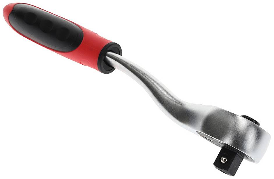 Srebrny klucz grzechotka z czerwoną i czarną rękojeścią, używany do dokręcania i odkręcania połączeń śrubowych i nakrętek w mechanice.