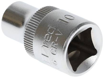 Nasadka klucza sześciokątna, rozmiar 10 mm, wykonana ze stali chromowo-wanadowej, o błyszczącej powierzchni.