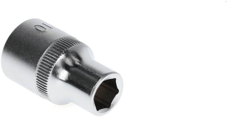 Srebrna nakrętka o rozmiarze 10 mm, z sześciokątnym gniazdem wewnętrznym, leży na białej powierzchni.