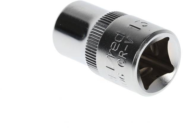 Sześciokątna nasadka klucza z metalu, rozmiar 19 mm, z wyprofilowaną powierzchnią dla lepszego chwytu, odpowiednia do zastosowań samochodowych.