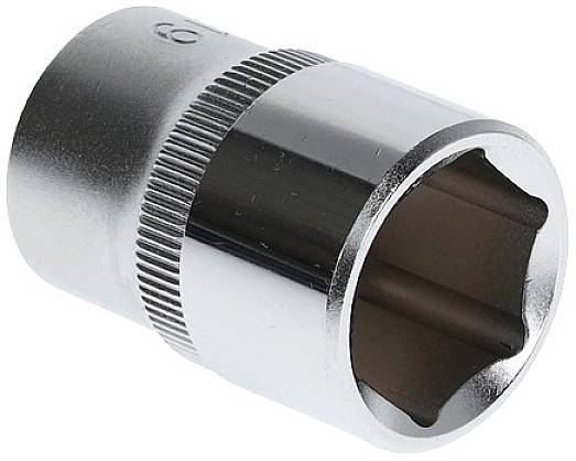 Sześciokątny klucz nasadowy w kolorze srebrnym, o cylindrycznym kształcie, z rowkowanym uchwytem zapewniającym lepszą przyczepność.