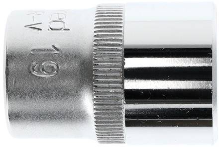 Nasadka klucza metalowa w kształcie cylindra z żebrowaną strefą uchwytu, przeznaczona do nakrętek sześciokątnych o rozmiarze 19 mm.