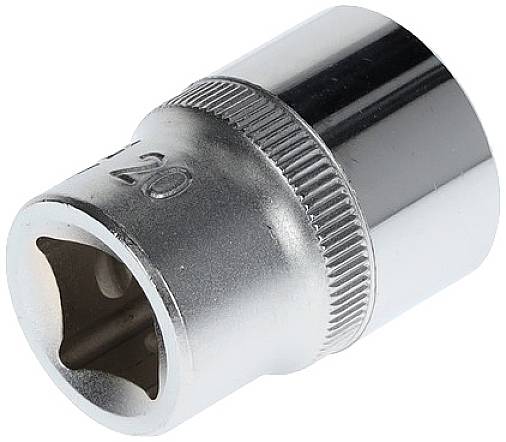 Metalowa nasadka sześciokątna, cylindryczna, z wybitą wielkością '20'. Stosowana do prac śrubowych przy użyciu kluczy nasadowych.