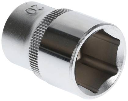 Sześciokątny klucz nasadowy, chromowany, z żebrowaną strefą uchwytu dla lepszego trzymania, rozmiar 20 mm, do śrub i nakrętek.