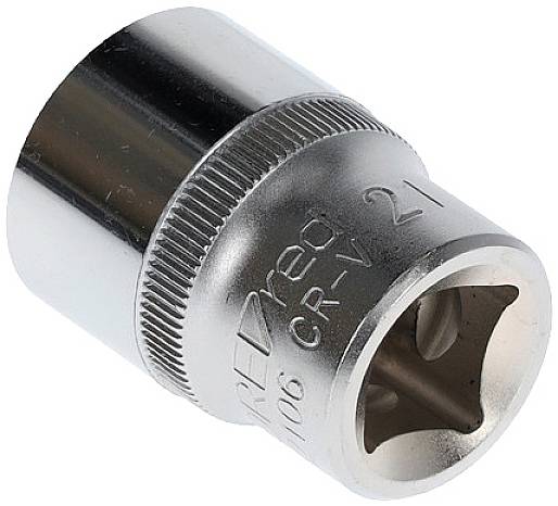 Metalowa nasadka klucza sześciokątna, o cylindrycznym kształcie, z oznaczeniem 21 mm, stosowana do nakrętek lub śrub.