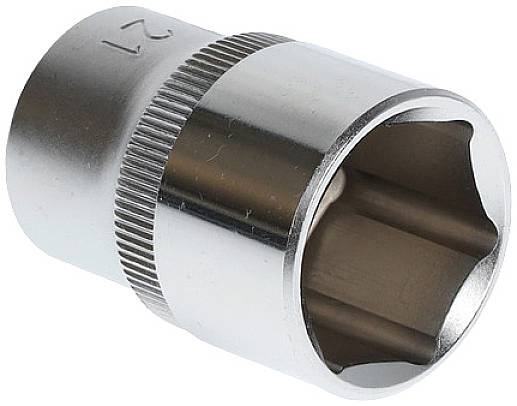 Srebrny orzeszek z sześciokątnym otworem, na którym wybito napis '21', wykonany z metalu.