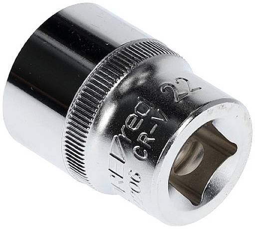 Srebrny metalowy nasadowy klucz nasadowy z wyrytą cyfrą '22', używany do odkręcania lub dokręcania nakrętek.