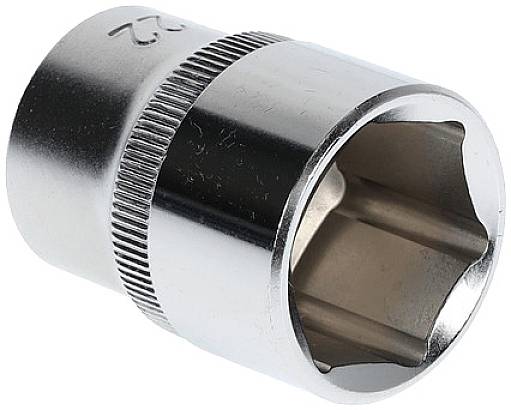 Sześciokątny klucz nasadowy metalowy, błyszczący, służący do dokręcania lub odkręcania śrub, powszechnie stosowany w warsztatach.