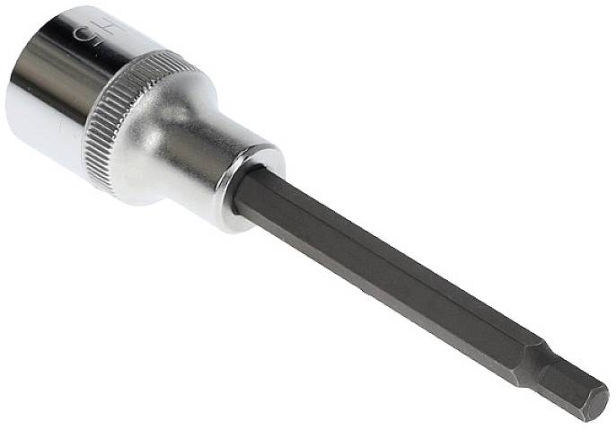 Sześciokątny metalowy klucz nasadowy z karbowaną rękojeścią i przedłużką. Używany do dokręcania lub odkręcania śrub.