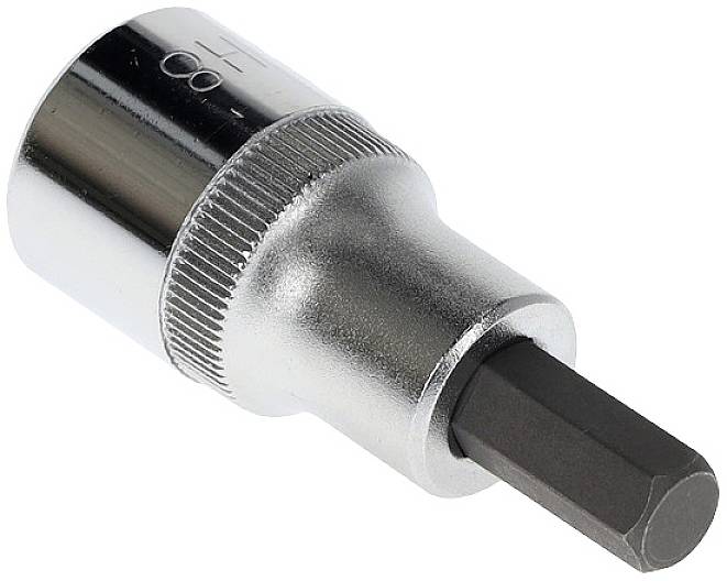 Srebrny nakręcany adapter z sześciokątnym zakończeniem przeznaczony do użycia z kluczem nasadowym.