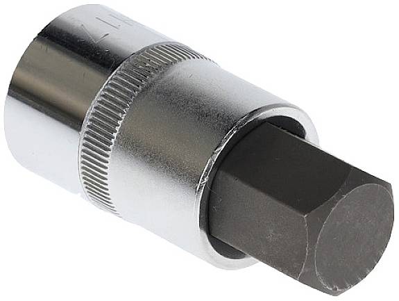 Chromowana sześciokątna nasadka, która jest używana w zestawach narzędzi do odkręcania śrub i nakrętek.