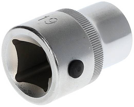 Nakrętka metalowa z karbowanym uchwytem i czarnym bolcem blokującym; nadrukowany rozmiar '19'. Narzędzie do prac ślusarskich.