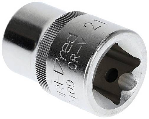 Metalowy klucz nasadowy o okrągłym kształcie z żebrowanym uchwytem. Grawerowany rozmiar '21'.