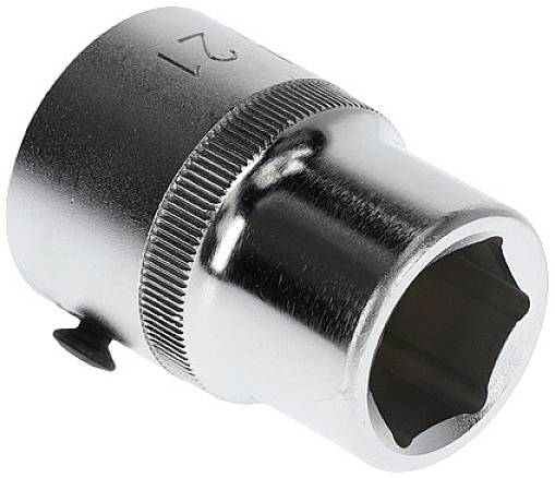 Srebrny klucz nasadowy z ząbkowaną krawędzią i gniazdem sześciokątnym, przeznaczony do dokręcania śrub lub nakrętek.