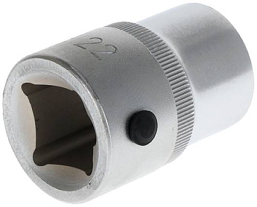 Srebrny metalowy nasadowy klucz sześciokątny z karbowaną krawędzią, oznaczony numerem '22', służący do dokręcania lub odkręcania nakrętek.