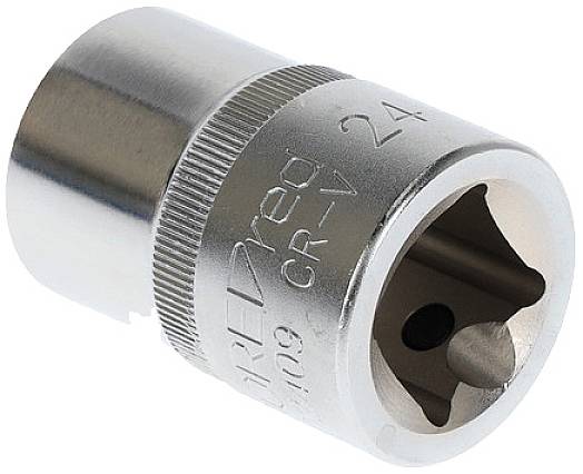 Metalowy nasadowy klucz nasuwany, okrągły, srebrny, z żebrowanym pierścieniem dla lepszego chwytu. Wytłoczone cyfry i litery na boku.