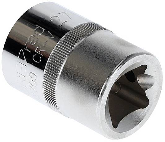 Srebrny nasadowy klucz cylindryczny z ząbkowaną krawędzią, prawdopodobnie przeznaczony do prac mechanicznych lub napraw.