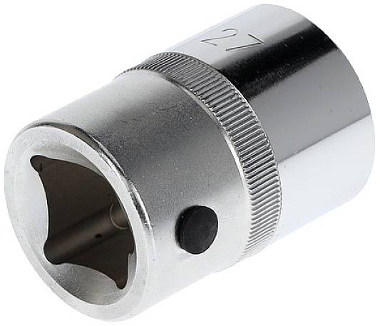 Metalowy uchwyt nasadowy, rozmiar 27, srebrny, z żebrowanym uchwytem i otworem na klucz nasadowy.
