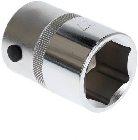 Sześciokątna nasadka srebrnego koloru z żebrowanym uchwytem, z otworem z boku, o rozmiarze 27 mm.