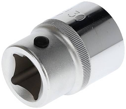 Srebrny sworzeń z ząbkowaną krawędzią, przeznaczony do użycia z kluczem nasadowym lub grzechotką.