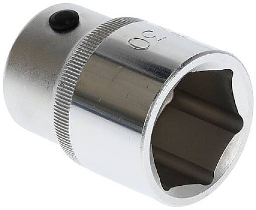 Srebrna nakrętka o rozmiarze '30' jest przedstawiona. Posiada sześć krawędzi i czarny punkt do blokady.