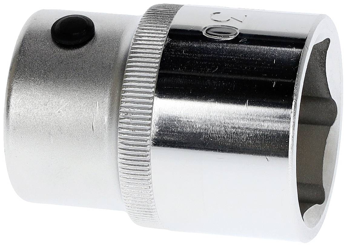 Srebrny klucz nasadowy o wyżłobkowanej krawędzi i dziewięciu kątach, używany do dokręcania lub odkręcania nakrętek i śrub.