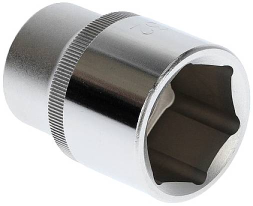 Srebrny łącznik sześciokątny z otworem przeznaczony do użycia z kluczem lub grzechotką.