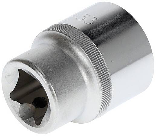 Metalowy uchwyt nasadowy, kątowy, srebrzysto-połyskujący z wyprofilowanym uchwytem i osadzonym profilem kwadratowym do narzędzi.