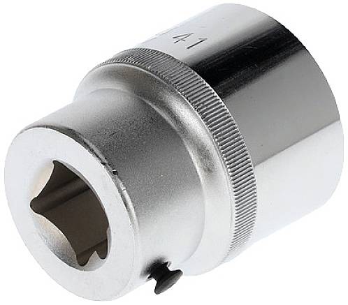 Metalowy adapter klucza nasadowego w kształcie cylindra z sześciokątnym otworem, używany do łączenia z różnymi narzędziami.