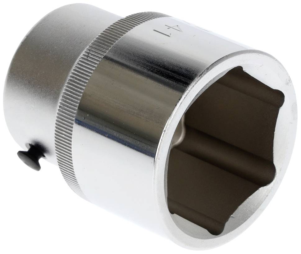 Duży srebrny nakrętak z karbowanym pierścieniem i prostokątnym otworem mocującym.