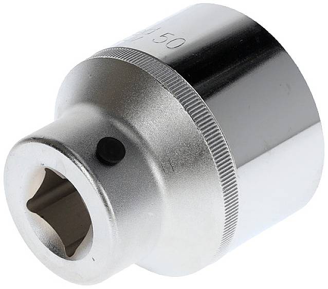 Metalowa nasadka sześciokątna o okrągłym profilu, odpowiednia do kluczy zapadkowych lub narzędzi dynamometrycznych, przeznaczona do obsługi pojazdów lub maszyn.