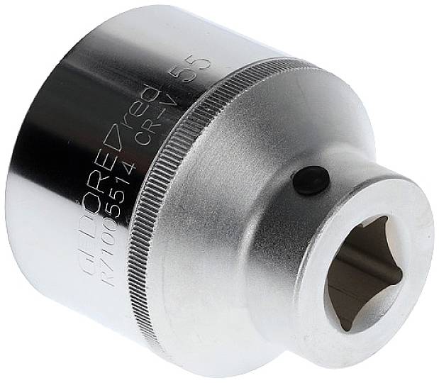 Srebrny klucz nasadowy z wytłoczonymi oznaczeniami i kwadratowym otworem do uchwytu narzędzia.