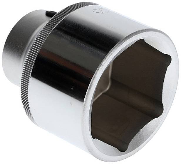 Srebrny sześciokątny nasadowy klucz nasadowy, o cylindrycznym kształcie, z połyskującą powierzchnią. Narzędzie służące do mocowania i odkręcania śrub.