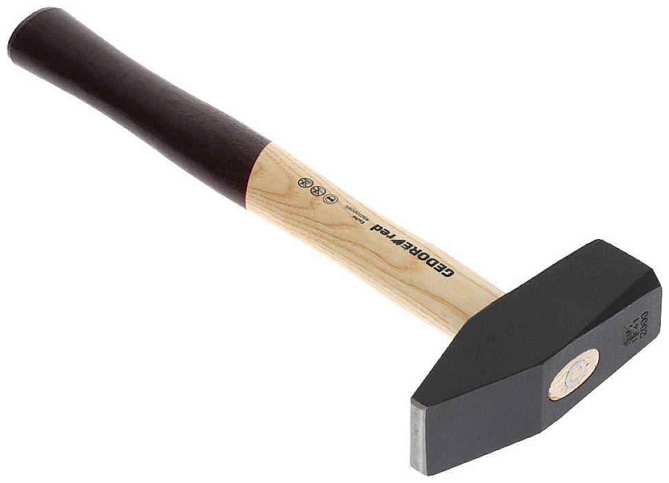 Poręczny młotek z drewnianą рrzyścionką i płaską, prostokątną metalową główką.