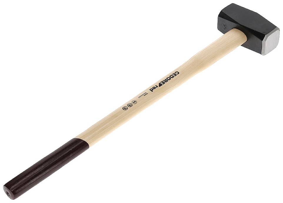 Młot wyburzeniowy z drewnianą rękojeścią i czarną metalową główką, sfotografowany na białym tle.