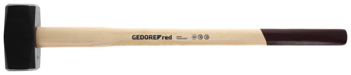 Młotek ręczny z drewnianym trzonkiem i czarną główką leży poziomo. Na trzonku widnieje napis 'GEDORE'.