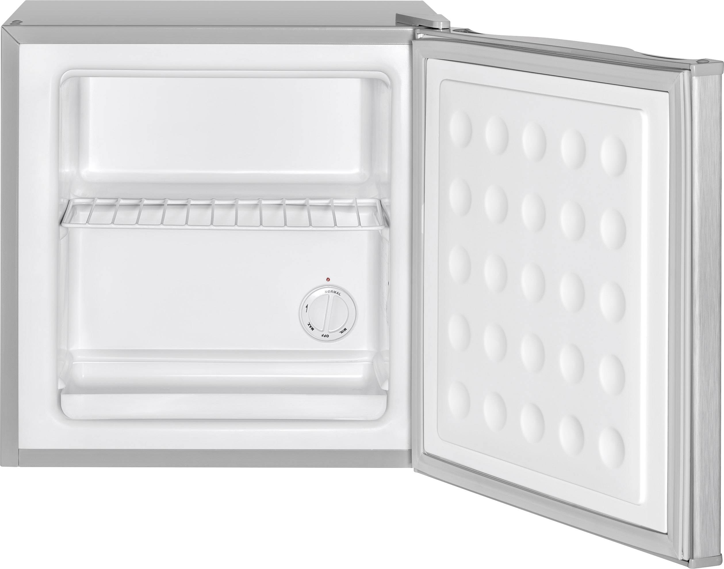 Otwarty mały lodówka z kratką na półce oraz pokrętłem do regulacji temperatury znajdującym się wewnątrz urządzenia.