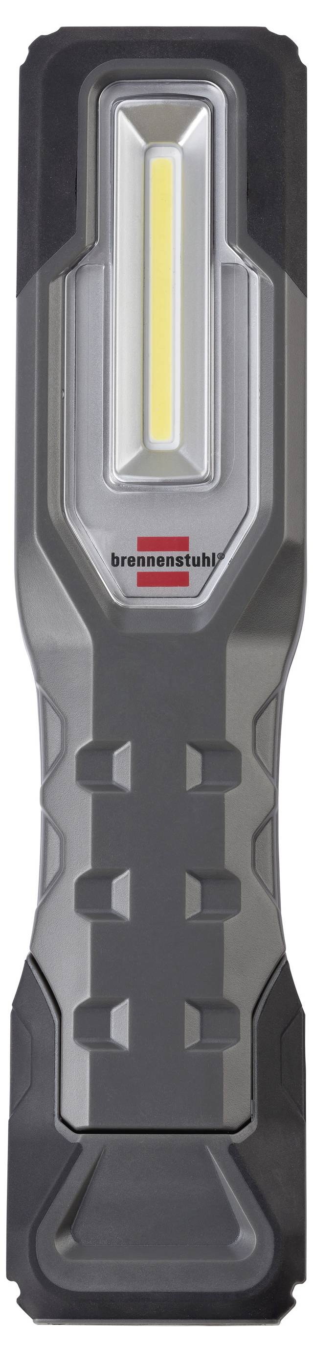 Czarna przenośna lampa robocza LED z srebrnym centralnym panelem i pionowym żółtym paskiem światła, oznaczona marką „brennenstuhl" u dołu.