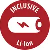 Czerwona okrągła ikona "INCLUSIVE Li-ion" z białą baterią i błyskawicą, wskazująca na zasilanie litowo-jonowe lub ładowanie.