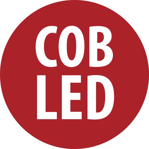 Czerwony okrągły znak z białym tekstem „COB LED" w dwóch liniach.