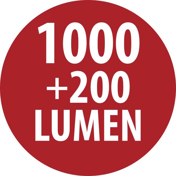 Czerwona okrągła odznaka z białym tekstem „1000 +200 LUMEN" wskazująca 1000 plus 200 lumenów.